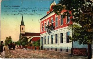 1915 Csap, Chop, Cop; községháza, templom. Vasúti levelezőlapárusítás / town hall, church (kis szakadás / small tear)