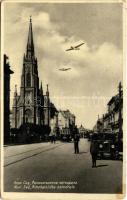 1932 Újvidék, Novi Sad; Rimokatolicka katedrala / Római katolikus székesegyház, villamos, automobil, repülőgépek / cathedral, tram, automobile, aircrafts (EK)