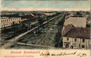 1906 Zsombolya, Hatzfeld, Jimbolia; látkép, vendégfogadó, szálloda, üzletek. Manzin és Ferch kiadása / general view, hotel, inn, shops (fa)