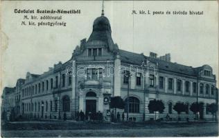 Szatmárnémeti, Szatmár, Satu Mare; M. kir. posta és távirda, M. kir. adóhivatal, M. kir. pénzügyőrség. Weisz Zoltán kiadása / post and telegraph office, tax office, financial guard + "K.u.K. Reservespital Szatmárnémeti" (fl)