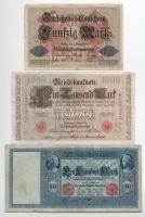 Német Birodalom 1910. 100M vörös pecséttel + 1000M vörös pecséttel + 1910-1914. 20M (3x) + 1914. 50M T:III,III- közte folt, kis szakadás, az egyik bankjegy sarka ragasztva German Empire 1910. 100 Mark with red seal + 1000 Mark with red seal + 1910-1914. 20 Mark (3x) + 1914. 500 Mark C:F,VG spot, small tear, a corner of one banknotes is taped