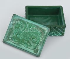Art Deco cseh malachitüveg doboz, kínai sárkányos motívummal, jelzés nélkül, tervező: Schlevogt Ingr...