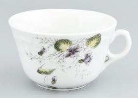 Antik virágmintás teáscsésze, vastag melegen tartó porcelán, jelzés nélkül, kopásokkal, m: 6,5, d: 11 cm