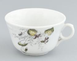 Antik virágmintás teáscsésze, vastag melegen tartó porcelán, jelzés nélkül, kopásokkal, m: 6,5, d: 11 cm