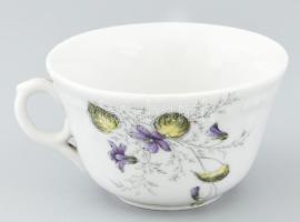 Antik virágmintás teáscsésze, vastag melegen tartó porcelán, jelzés nélkül, kopásokkal, m: 6,5, d: 11 cm