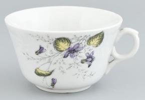 Antik virágmintás teáscsésze, vastag melegen tartó porcelán, jelzés nélkül, kopásokkal, m: 6,5, d: 11 cm