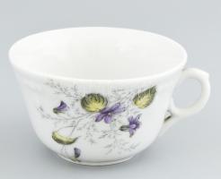 Antik virágmintás teáscsésze, vastag melegen tartó porcelán, jelzés nélkül, kopásokkal, m: 6,5, d: 11 cm
