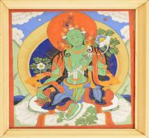 Régi tibeti thangka, kézzel festett, üvegezett keretben, 27x23 cm