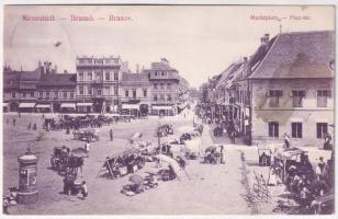 1909 Brassó, Kronstadt, Brasov; Piac tér, hirdető oszlop, Servatius üzlete / Marktplatz / market square, shops, advertising column (fl)