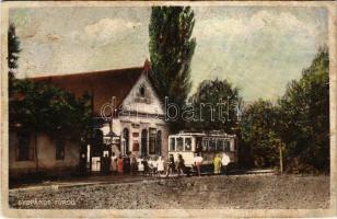 1929 Gyopárosfürdő, Sütő János Pannónia vendéglője, Orosháza-Gyopárosfürdő kisvasút megállóhely, vonat (r)