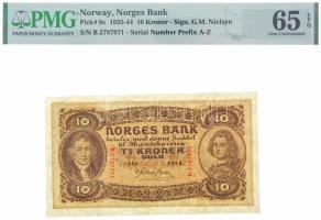 Norvégia 1942. 10Kr B2787971 eredeti, de levágott PMG csíkkal T:65 (I-) gémkapocs nyoma  Norway 1942. 10 Kroner B2787971 in original, but cutted PMG streak C:65 (AU) with paper clip mark