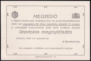 1926 Bp., meghívó a Szent István-napi országos bor- és gyümölcskiállítás megnyitására, jó állapotban, 16,5x11 cm