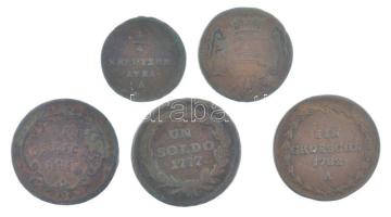 Vegyes: 1765-1782. 5db klf rézpénz, közte Olasz Államok / Milánó 1777S 1S Cu Mária Terézia, Ausztria 1781A 1/4kr Cu T:3 Mixed: 1765-1782. 5pcs of mixed Cu coins, with Italian States / Milan 1777S 1 Soldo Cu Maria Theresa, Austria 1781A 1/4 Kreuzer Cu C:F