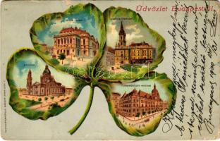 1900 Budapest, M. kir opera, bazilika, Iparművészeti múzeum, Szervita templom. Szecessziós lóhere montázs / Brüder Kohn Wien 18. Art Nouveau, litho (szakadás / tear)