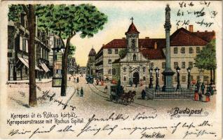 1905 Budapest VIII. Kerepesi út (Rákóczi út), Rókus templom, villamos. litho (EB)