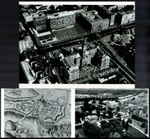 cca 1975 Győr városképe légi fotókon és egy régi metszeten (1598), 3 db modern nagyítás, 17,7x24 cm és 10x15 cm