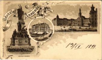 1899 (Vorläufer) Arad, Vértanú szobor, Színház épület, lóvasút, Városháza. Lengyel Lipót kiadása / monument, theatre, horse-drawn tram, town hall, horse-drawn tram. Art Nouveau, floral, litho (EK)