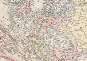 1866 Európa kézzel színezett térképe. 34x27 cm