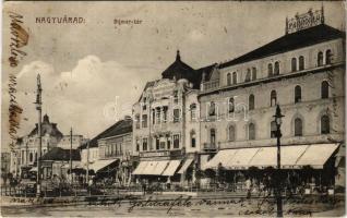 1914 Nagyvárad, Oradea; Bémer tér, Neumann M., Lőrincz Mór üzlete, Hotel Pannonia szálloda és kávéház, Takarékpénztár / square, shops, hotel and café, savings bank (EK)