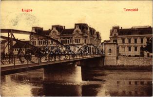 1910 Lugos, Lugoj; Temes híd, Délmagyarországi Bank, Haberehrn vasudvar. Berecz J. kiadása / Timis bridge, bank