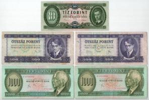 1969. 10Ft + 1969-1975. 500Ft (2xklf) + 1983. november 10. 1000Ft (2x) T:III,III- közte folt, szakadás, kettő bankjegyen firka
