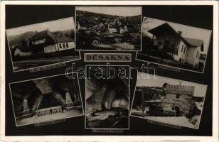 1942 Désakna, Ocna Dejului; I. sz. állami elemi iskola, községháza, sóbánya belseje és bejárata, iparvasút, vonat / school, town hall, salt mine entry and interior, industrial railway, train (EK)