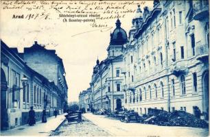 1907 Arad, Széchenyi utcai részlet (Szantay palota), Benkő és Pfeil, Szirmai és Társa üzlete. Kerpel Izsó kiadása / street view, palace, shops (Rb)