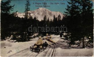 1918 Tátra, Magas-Tátra, Vysoké Tatry; Bobsleigh menetben, szánkó, téli sport / bobsled, sledding, winter sport (fa)