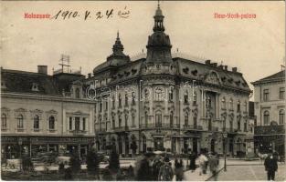 1910 Kolozsvár, Cluj; New York palota, Tauffer Dezső, Schefer András, Jeszenszky Ferenc, Schuster Emil üzlete. Fabritius Erik és Társa kiadása / palace, hotel, square, shops (kis szakadás / small tear)