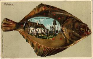 Mohács, halásztanya a szigeten. Halas dombornyomott, szecessziós montázs, Weiser Miksa kiadása 9475. / Art Nouveau, fish montage, Emb. litho