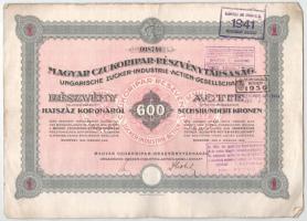 Budapest 1923. "Magyar Czukoripar-Részvénytársaság" részvénye 600K-ról szelvényekkel, szár...