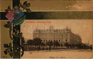 1902 Temesvár, Timisoara; Józsefvárosi bérház, villamos. Szecessziós címeres litho keret / street view in Iosefin, tenement palace, tram. Art Nouveau, litho frame with coat of arms