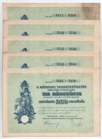 Mándok 1927. "Mándoki Takarékpénztár Részvénytársaság" tíz részvénye egyenként 20P-ről, összesen 200P-ről (5x), közte 4x sorszámkövetők, szelvényekkel T:III beszakadás, folt