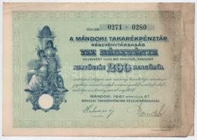 Mándok 1927. "Mándoki Takarékpénztár Részvénytársaság" tíz részvénye egyenként 20P-ről, ös...