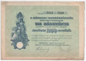 Mándok 1927. "Mándoki Takarékpénztár Részvénytársaság" tíz részvénye egyenként 20P-ről, ös...