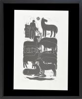 Csanády András (1929-): Lóitatás, 1971. Linómetszet, papír, jelzett, számozott (16/30), hátoldalán Vizualart Képzőművészeti Alkotóközösség címkéjével, plexiüvegezett keretben, 34×17,5 cm