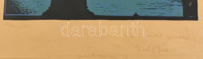 Pataky Béla (1932-2023): Alkonyat (Budapest, Lánchíd, háttérben a Parlament). Linómetszet, papír. Je...