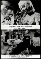 cca 1972 ,,Folytassa külföldön" című angol filmbohózat jelenetei és szereplői, 13 db vintage produkciós filmfotó, ezüst zselatinos fotópapíron, a használatból eredő (esetleges) kisebb hibákkal, 18x24 cm