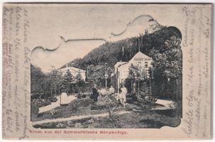 1902 Oravica, Oravita; Gruss aus der Sommerfrische Bányavölgy / nyaralók és Ferenc Udvar. Huszarek Árpád kiadása / villas. Art Nouveau