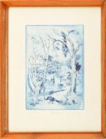 Láng Rudolf (1904-1991): Pávák. Színes rézkarc, papír. Jelzett, számozott (91/100). Üvegezett, kissé sérült fa keretben. 23,5×17 cm