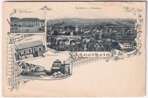 Szentágota, Agnetheln, Agnita; Hotel Agnetha, von d. Steinburg, Turnhalle, Mittelgasse. M. Lang & Sohn / szálloda, Közép utca, Tornaterem / hotel, street, gym hall. Art Nouveau, floral (apró szakadások / small tears)