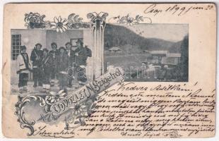 1899 (Vorläufer) Máramarossziget, Sighetu Marmatiei; Makerlói vízfogó, gát, tutajos oroszok / Macarlau dam, Russian rafters. Art Nouveau, floral + BUDAPEST-MISKOLCZ-M. SZIGET 33. vasúti mozgóposta (gyűrődések / crease)