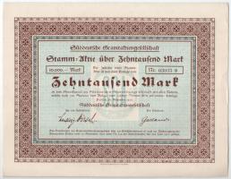Passau, 1923. Dél-német Gránit Részvénytársaság 10.000M-ról szóló részvénye (4x), ebből 2 darab szelvényekkel T:I-,II közte hátoldalon firkálás, beszakadás, anyaghiány, szép papír Passau, 1923. South German Granite Joint Stock Company stock for 10.000M (4x), 2 with coupon C:AU,XF include scribbles, tears, lack of material, nice paper