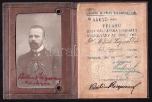 1908 Fényképes MÁV igazolvány Bálint Zsigmond kir. ügyész részére, díszes aranyozott vászonkötésben