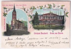 1902 Buziás, Római katolikus templom, Bazár szálloda. Herrling Károly kiadása / church and hotel. Art Nouveau, floral