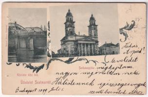 1899 (Vorläufer) Szatmárnémeti, Satu Mare; Közlekedési híd, székesegyház. Reizer János kiadása / bridge, cathedral. Art Nouveau, floral (lyukak / pinholes)