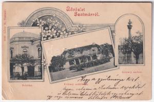 1899 (Vorläufer) Szatmárnémeti, Satu Mare; színház, Kölcsey szülőháza és szobor. Lővy M. kiadása / theatre, birth house and statue of Kölcsey. Art Nouveau, floral (EB)