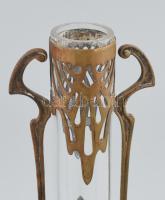 Antik szecessziós váza, fém, üvegbetéttel, kopott, m: 19,5 cm