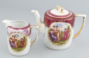 Historizáló porcelán teás kanna és kiöntő Jelzés nélkül, kopással 18 cm