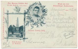 1902 Medgyes, Mediasch, Medias; Gruss aus dem Siebenbürger Sachsenlande, Stephan Ludwig Roth Denkmal. G. A. Seraphin / Erdélyi Szászország, Roth emlékmű (erdélyi szász író, evangélikus lelkész, pedagógus, politikus és vértanú) / Transylvanian Saxon, statue of a 1848 Hungarian Revolution martyr. Art Nouveau, floral (Rb)